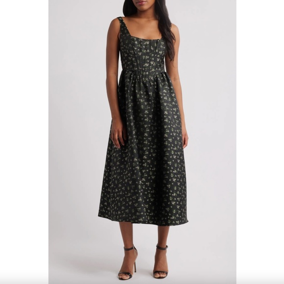 NEW LULUS Black CELINE Floral CORSET Square Neck COCKTAIL Midi DRESS S - Picture 13 of 16